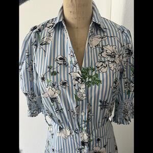 Stripped Blue and Floral Short Sleeve Midi Dress